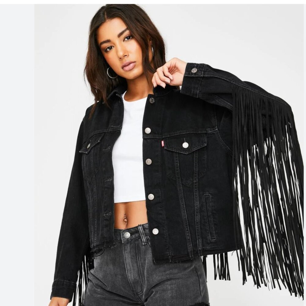 NWT Ex-boyfriend Fringe Trucker Black Jean Jacket